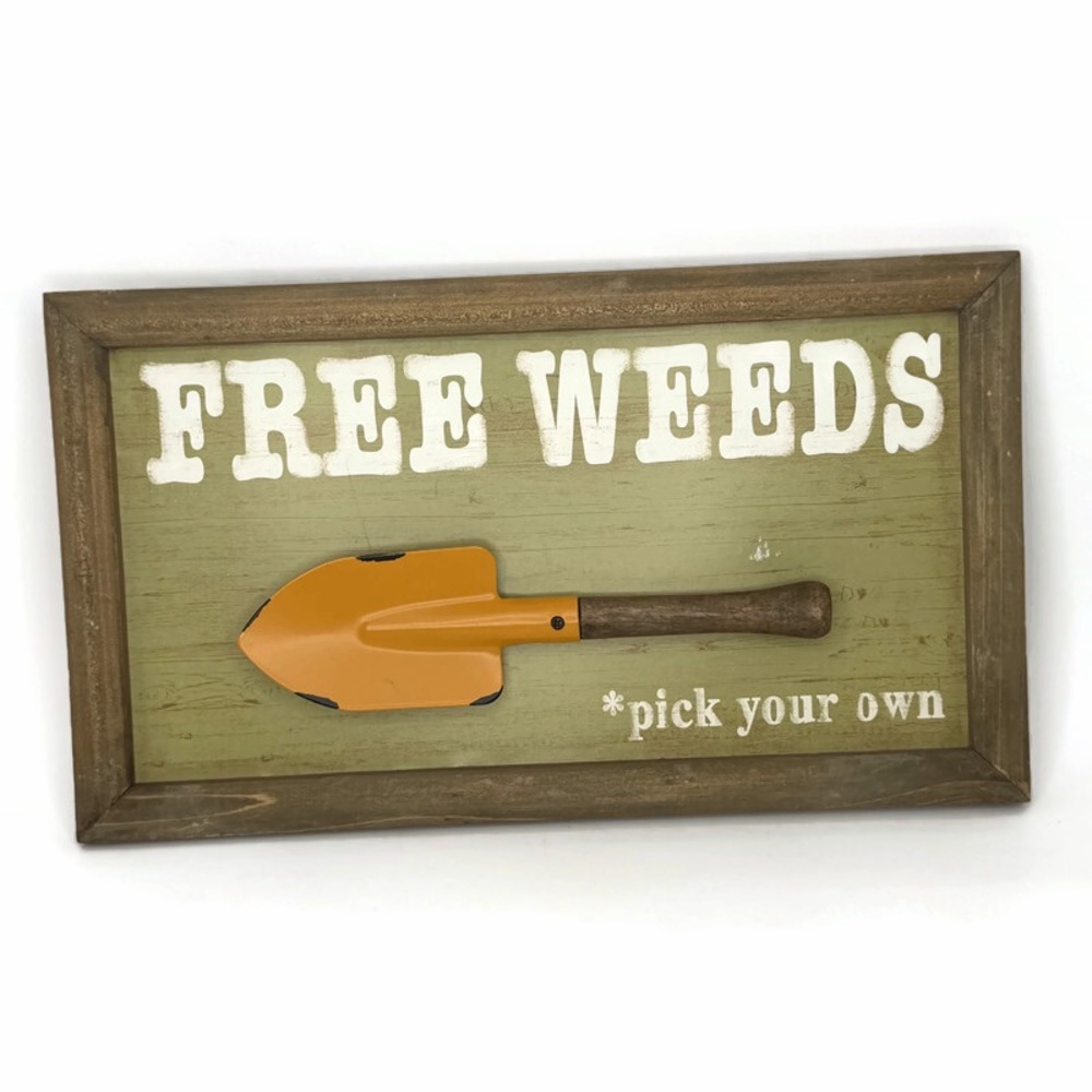 Rustic “Free Weeds” Wood Wall Sign with Metal Orange Shovel
